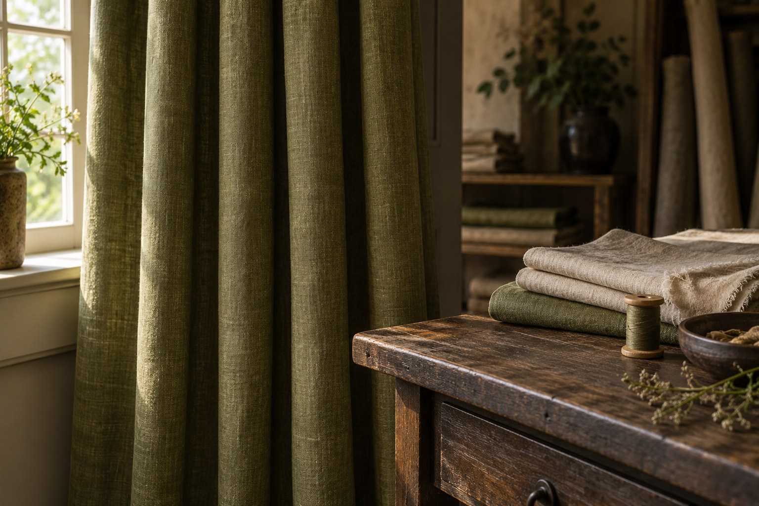 Olive linen curtains beside folded cloth in a softly lit room
