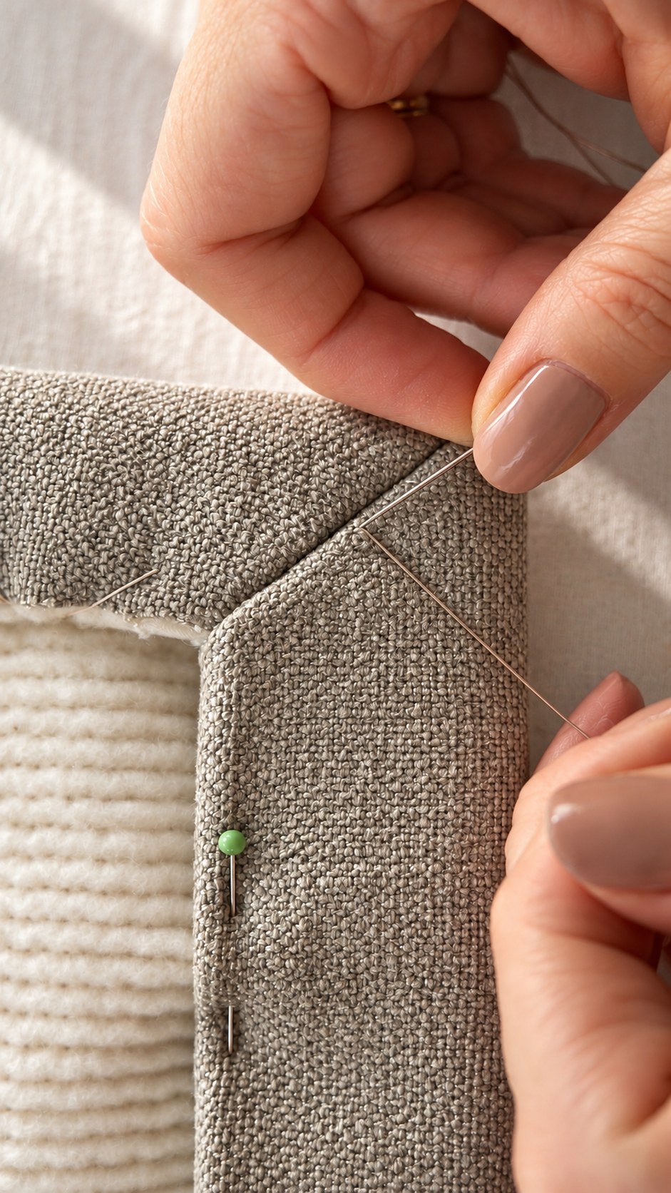 Hands stitching the folded corner of a textured curtain, with a needle drawing thread through the fabric