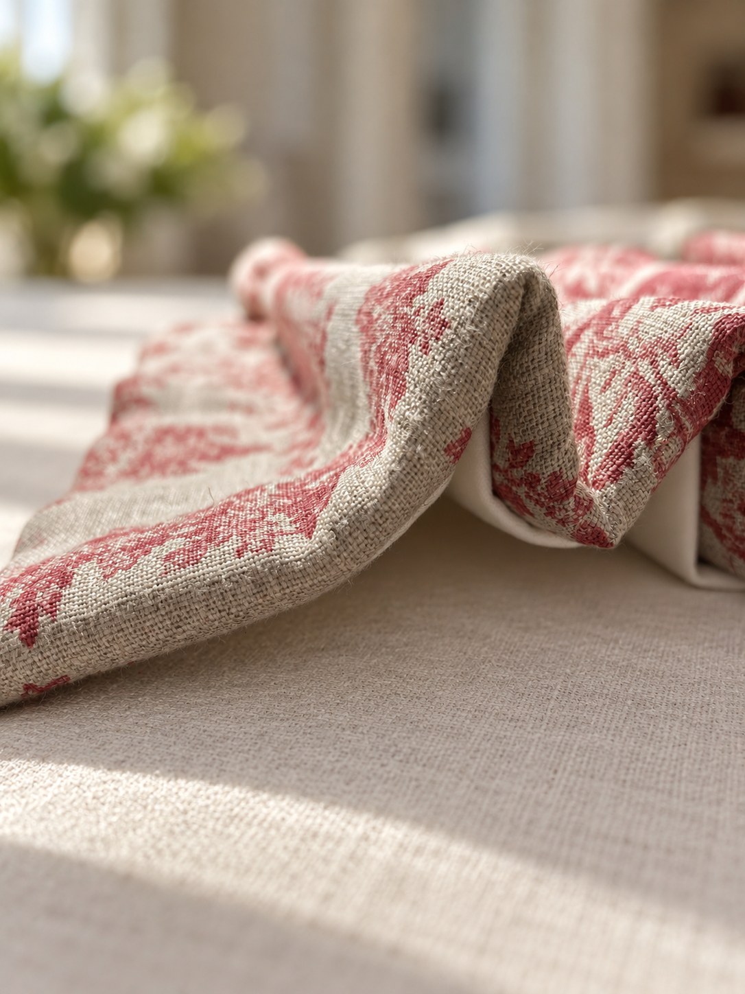 Side profile of a red floral curtain heading, showing the fabric folds and pale lining