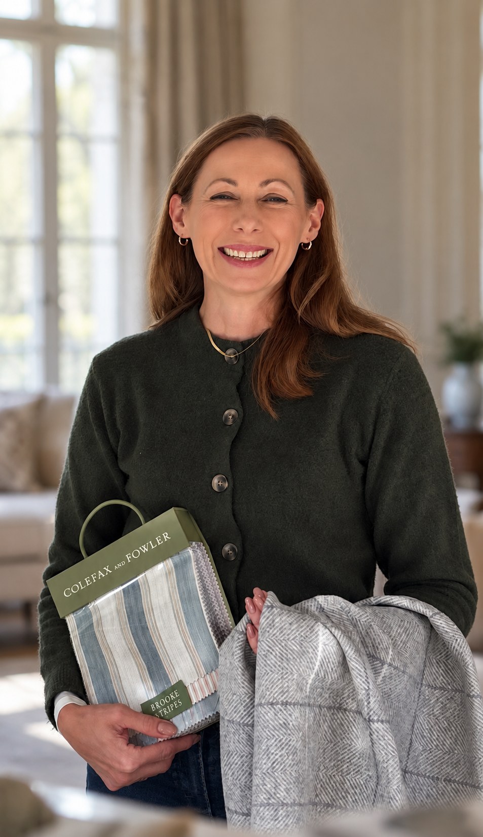 Roxanne holding fabric sample books and a length of patterned fabric